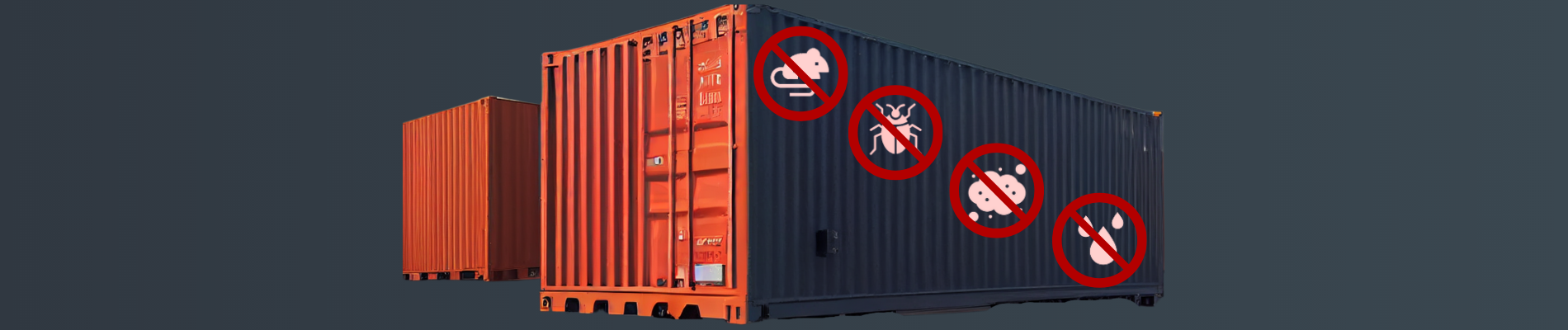 Image of a red EZ Self Storage Container with No Pests, No Insects, No Dust and No Water symbols