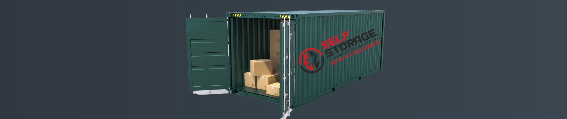 Image of a green EZ Self Storage Container with logo on the side