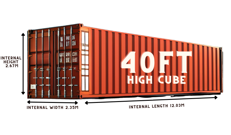 Image of an EZ Self Storage 40 foot container with measurements down the sides