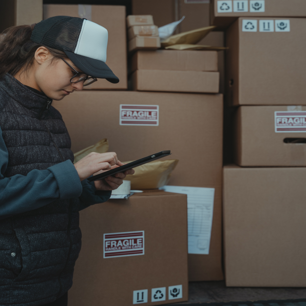 Lady checking inventory before placing items into an EZ Self Storage container